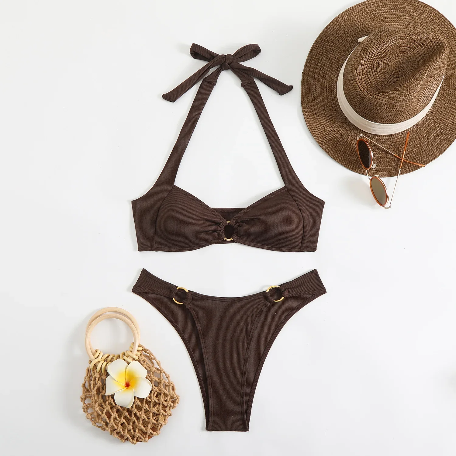 

Solid Bikini Women'S Summer Swimsuit Sexy Halter Thong Two Piece Swimsuit Fashion Sexy Bikini Seaside Party Ribbed Beachwears