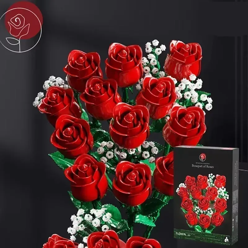 

Blocs de construction de Bouquet de fleurs de roses romantiques, décoration créative de plantes de bureau à assembler, briques,