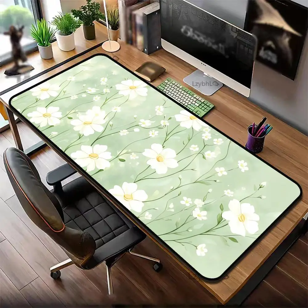 Green White Daisy Flower Large Gaming Mouse Pad Non-Slip Rubber Desk Mat Keyboard Mousepad for Office Gamer Home Decor