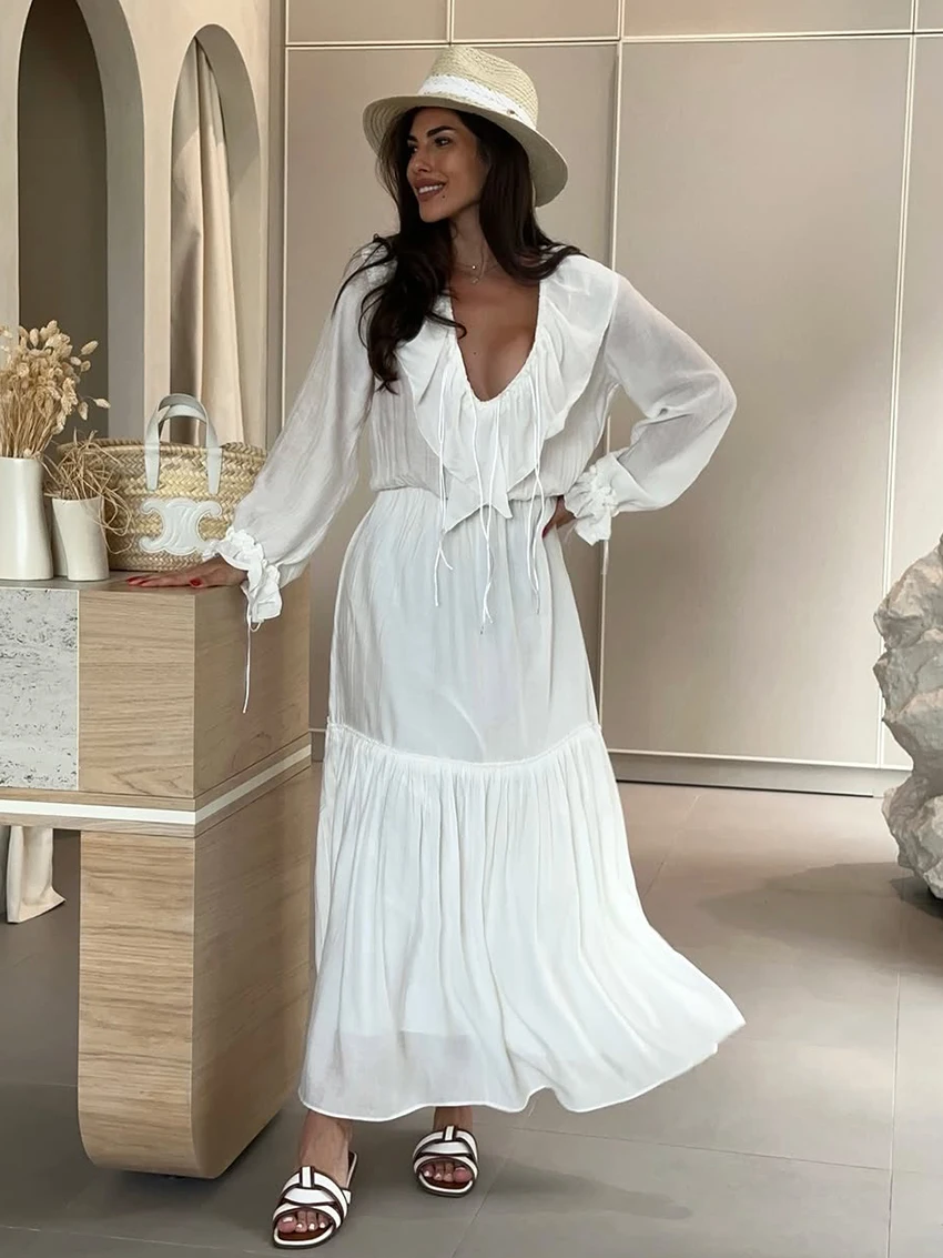 

Marthaqiqi элегантная женская одежда для сна, ночная рубашка с длинными рукавами Secy, ночная рубашка с v-образным вырезом, пижама на шнуровке, платье до щиколотки, женская пижама