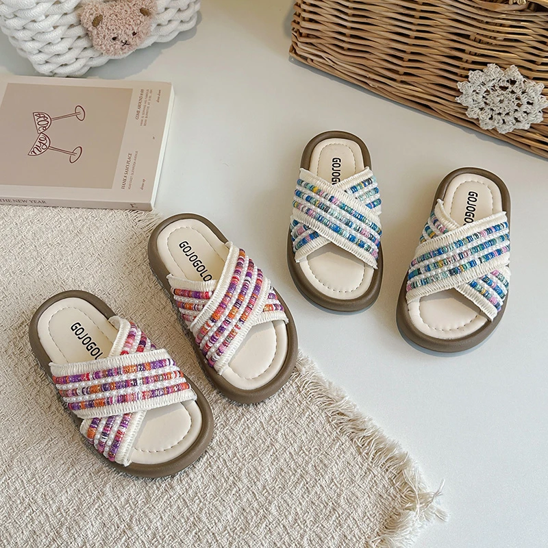 Summer Kids Flat Slippers Open-toe Breathable Beach Causal Shoes for Girls Rainbow Striped Cross-tied Children Bathroom Slippers