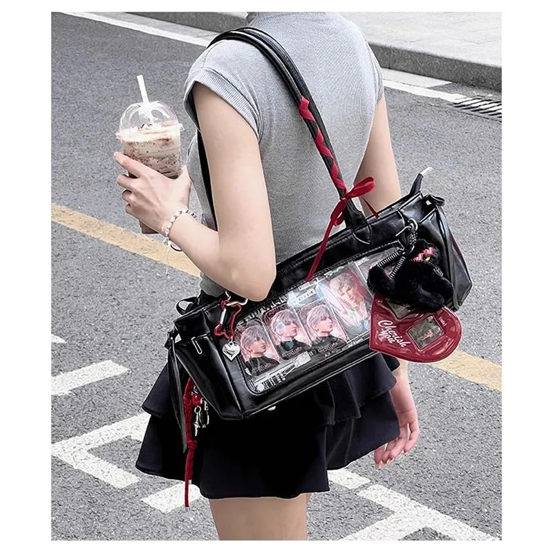 

Japanese Style Black Ita Bag Handbag Women New Harajuku Transparent Leather Shoulder Bags Ladies Anime Itabag Underarm Bag Y2K