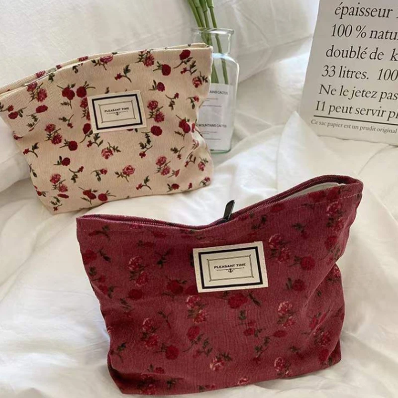 Sac à cosmétiques en velours côtelé pour femmes, pochette à fleurs, trousse de beauté, trousse de toilette mignonne, grands sacs d'évaluation de maquillage, poudres cosmétiques coréennes