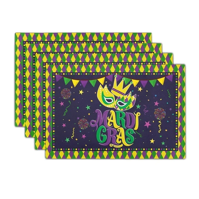 Mardi Gras linen Placemats table decor De Lis and Masks Heat-Resistant Washable Table Place Mats for Kitchen Dining Decoration