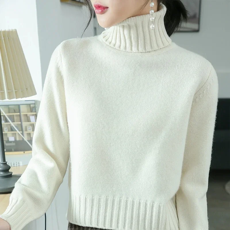 Women's Cashmere Sweater, 100% Pure Wool, High Neck, Monochromatic Pullover, Knitted Bottoming Shirt, Warm Fashion, New