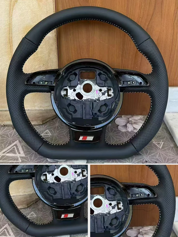 Geschikt voor Audi A3 A4 A5 A6 A7 Q3 Q5 Q7 volledig lederen semi-geperforeerd stuurwiel bewegbaar stuurwiel met platte bodem - afbeelding 2