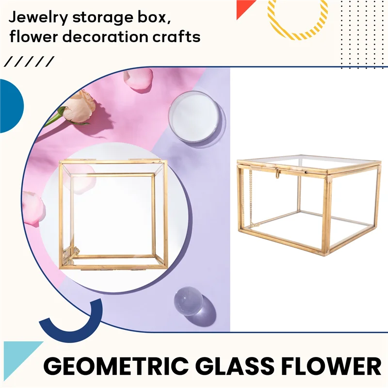 

A93Z Square Opening Glass Geometry Garden Jewelry Boxs Mirror Jewelry Storage Box Eternal Flower Decoration Box Crafts