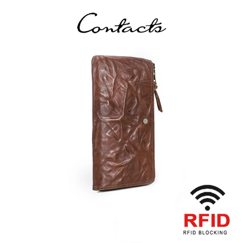 

CONTACT'S Leather Wallet Men Vintage RFID Senior Washed Purse Phone Pocket 8 Card 2 Cash prockets Business Gift Long Purses