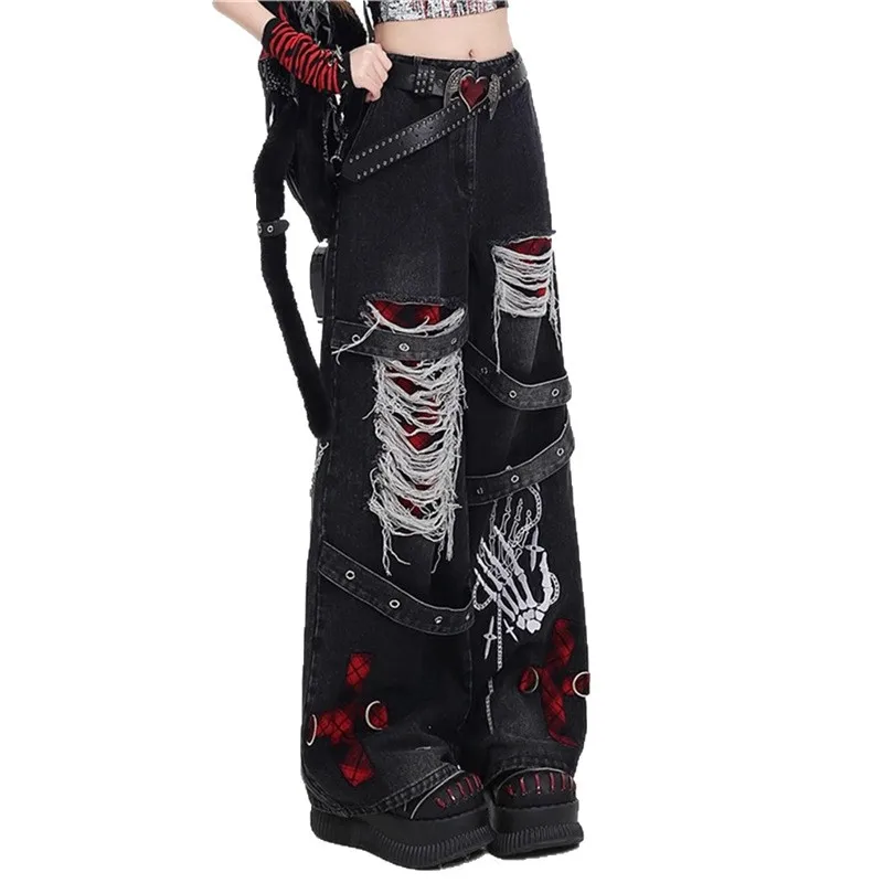 미국 Y2K 고딕 힙합 홀 빈티지 청바지 여성 하이 스트리트 트렌드 배기 워싱 오버롤 벨트 스플라이싱 와이드 레그 팬츠