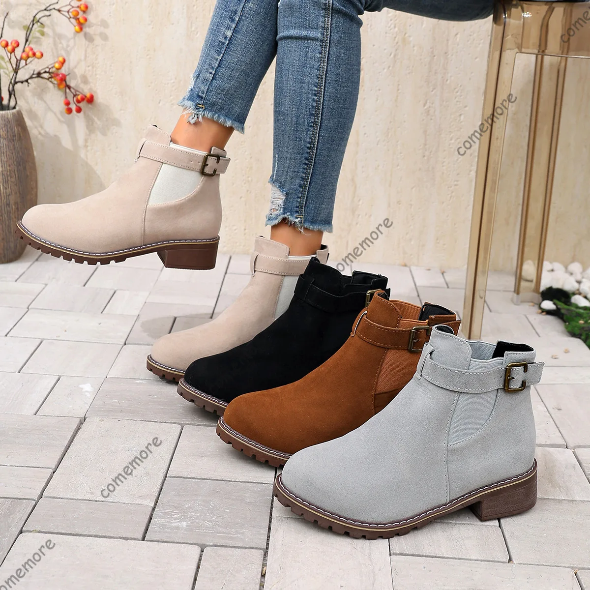 Comemore Ankle Boots for Women Belt Buckle Round Head Middle Heels Autumn Shoes Casual Suede Short Botas Roman Women's Shoes