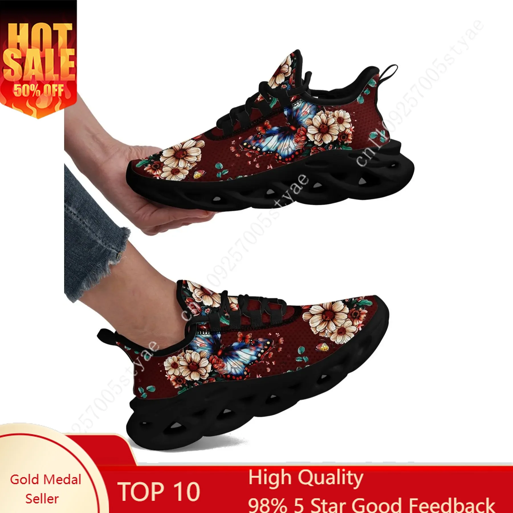 Butterfly & Floral Pattern Lace Up Low Top Sneakers, Casual Comfortable Lightweight Sports Running Shoes, All-match Round Toe Sh