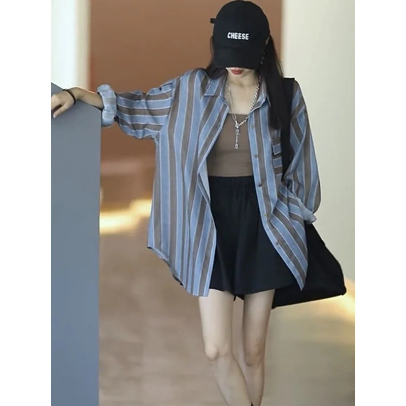 Loose Striped Shirt Women's Blouse Long Sleeve Summer PoLo Collar Casual Thin Type Sunscreen Coat Shirts Top Ladies Blouses