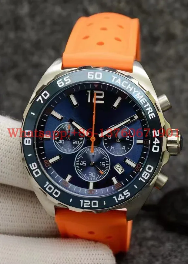 Lurury New Men Quartz Chronograph Watch Stainless Steel Black Blue Rubber Orange Strap Fashion Casual Watches 44mm