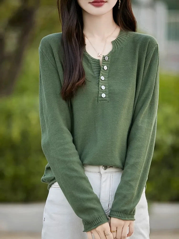 เสื้อสเวตเตอร์ถักทรงหลวมสำหรับผู้หญิง ผ้าฝ้ายแท้ 100% คอวี ทรงเข้ารูป สวมใส่สบาย เหมาะสำหรับฤดูใบไม้ร่วงและฤดูหนาว