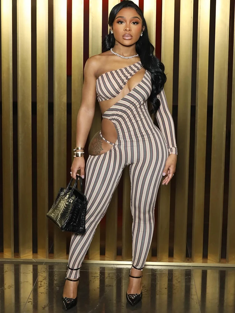 

BWQ Sexy Hollow Jumpsuit Women Ruched Irregular Hipster Club Stripe Print Full Sleeve Midnight Activity Fit Workout Overalls