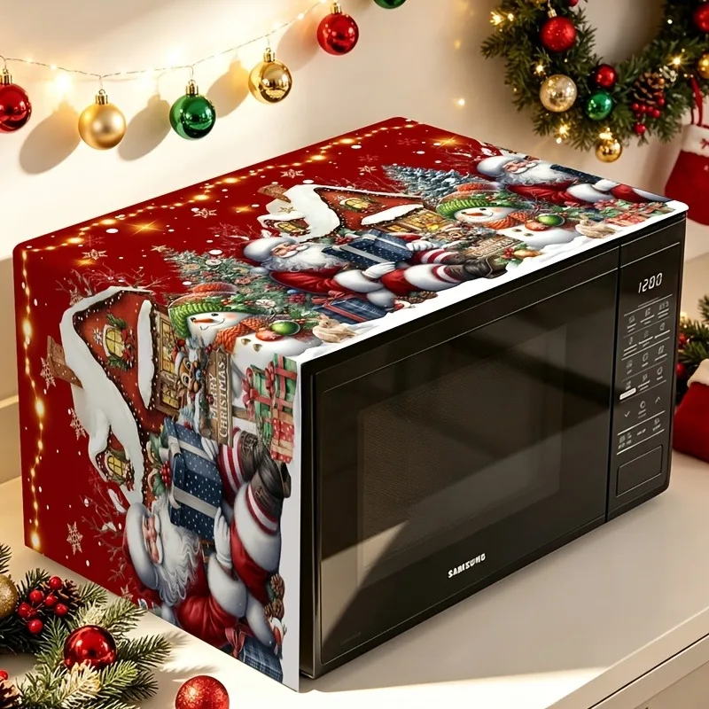 Christmas Microwave Dust Cover Santa Snowman Gingerbread House Gift Print Microwave Top Protector for Xmas Holiday Home Decor