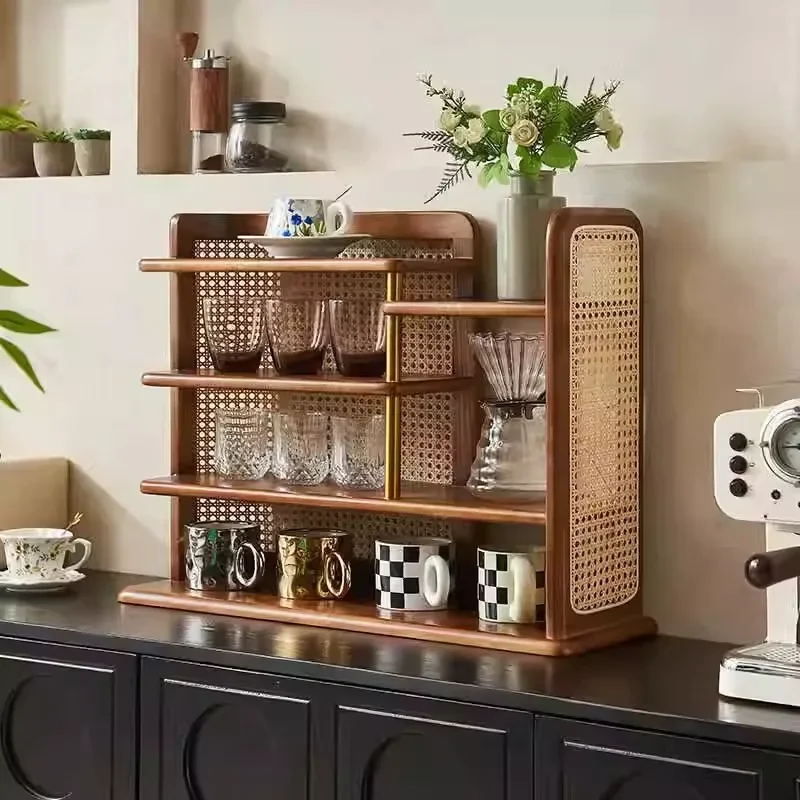 Retro rattan cup holder, tea table rack, desktop heightening rack, Kung Fu teacup countertop storage display rack