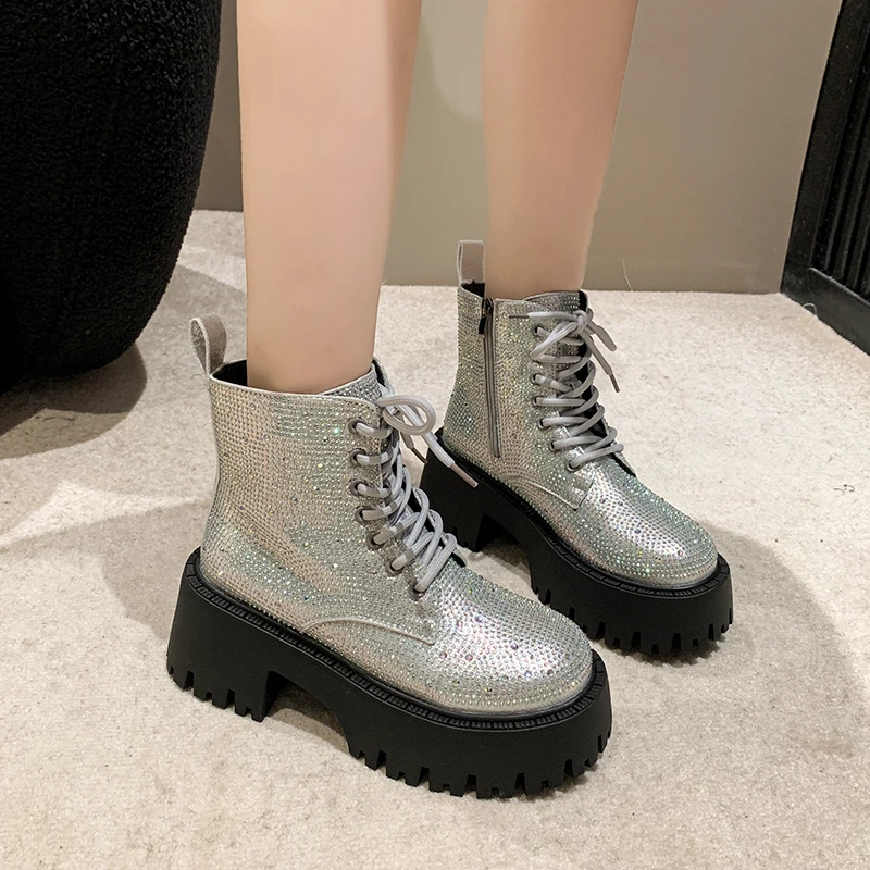 Women\'s Single Boots Autumn Winter New Thick Soled Full of Diamond Leather Shoes Comfortable Temperament Short Leg Fashion Boots