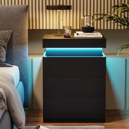 Black Nightstand with Charging Station and LED Lights | Modern Night Stand with Sliding Top,Bedside Table with