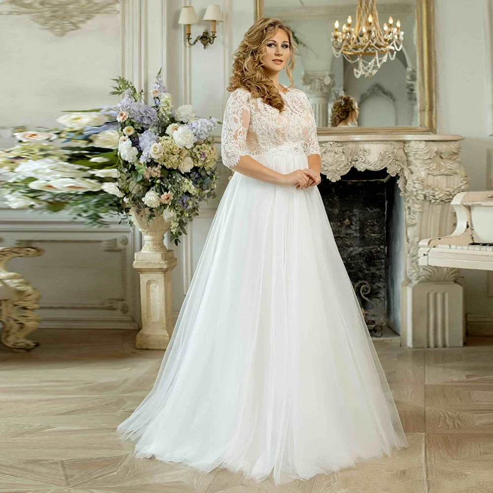 Wedding Dress For Woman Plus Size Tulle Bridal Gown With Half Sleeve Floor Length A Line Lace Simple Vestido De Novia Cheap 2024