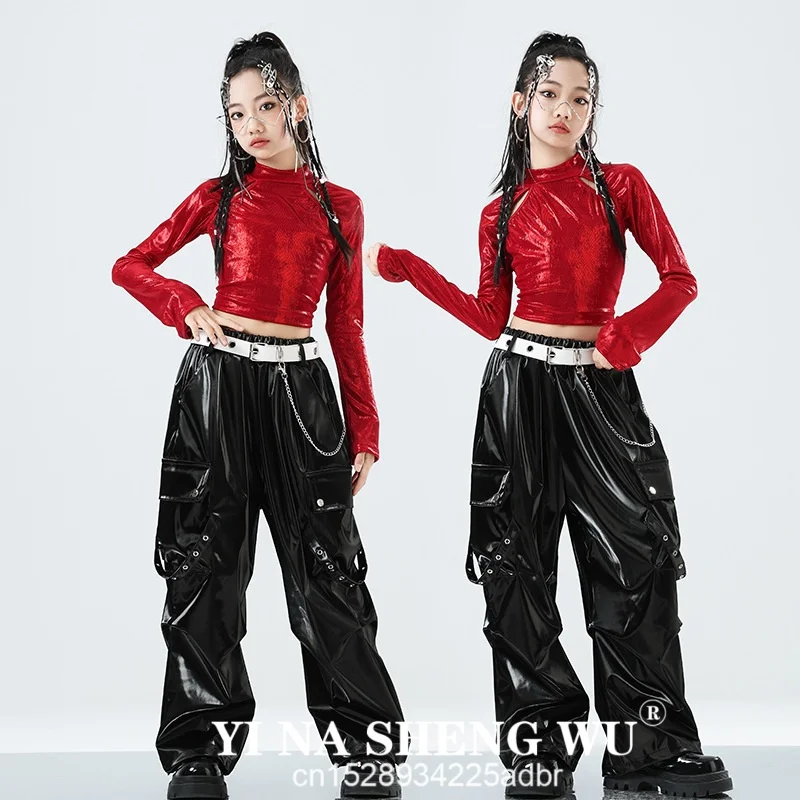 Novas crianças roupas de dança de rua meninas hip hop outfits vermelho topos calças pretas jazz desempenho roupas grupo competição wear
