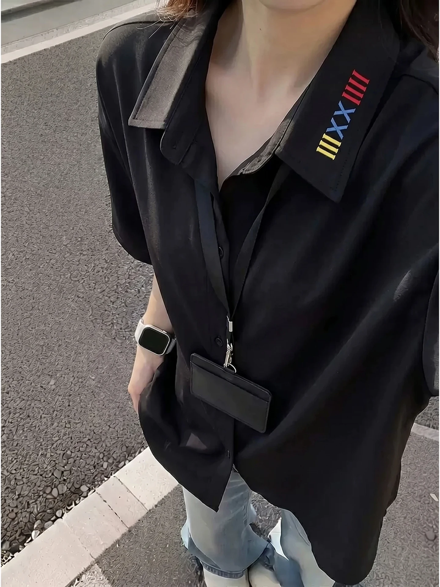 

Black Embroidered Ice Silk Short Sleeve Shirt Men's Summer Thin Breathable Drape Cool Feeling Cleanfit Loose Fit Shirt