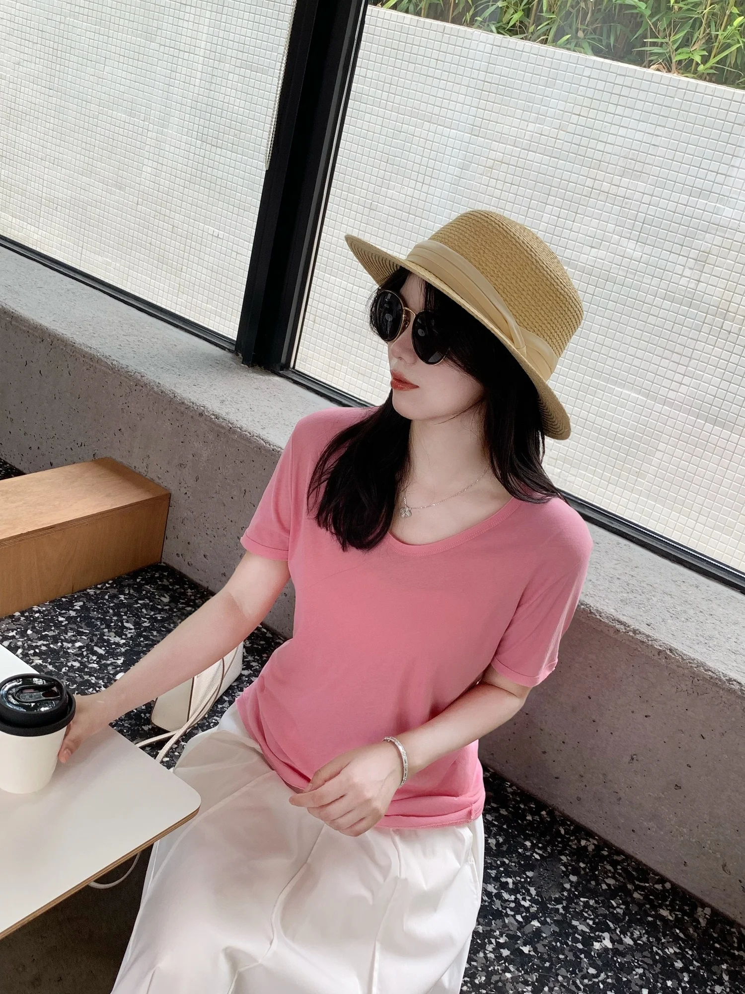 

Хлопковая футболка с V-образным вырезом для женщин, летняя, простая модель, 100% хлопок, стандартная длина, женский топ