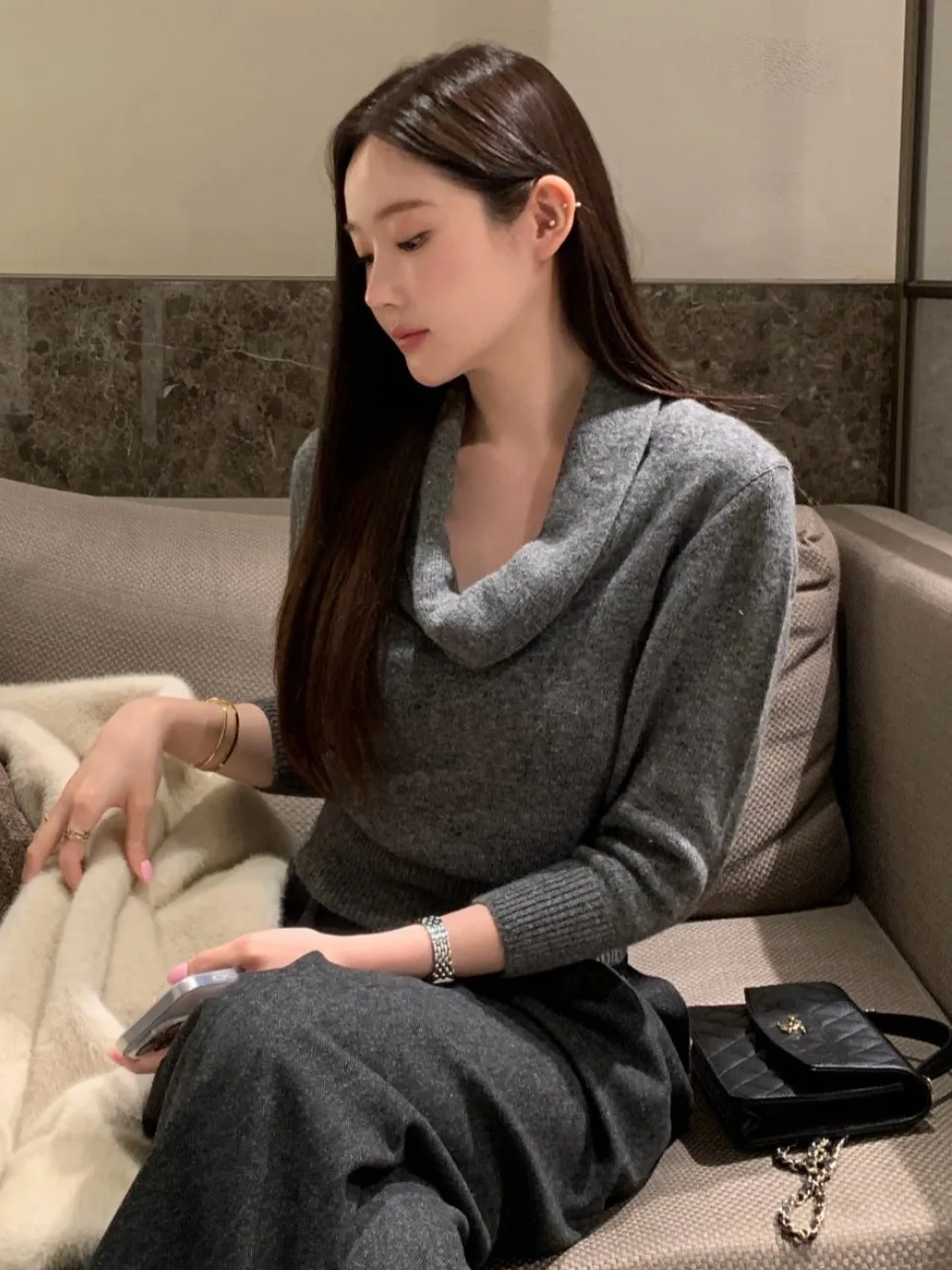 Ele suéter de punto suelto capa Base de mujer Color puro Otoño Invierno Faionable Crew Ne Casual versátil sudadera