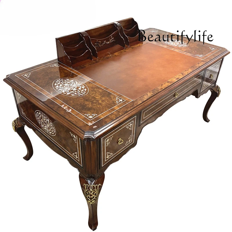 

English Solid Wood Desk Villa Classical Shell Computer Desk European Writing Desk with Bookshelf