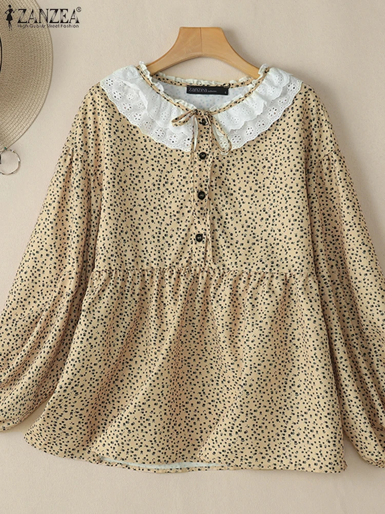

Spring Bohemain Floral Printed Shirt ZANZEA Women Elegant Long SleeveLace Neck Work Blouse Loose Blusas Bohemain Holiday Tops