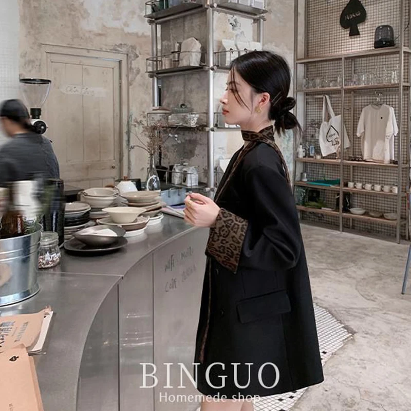 Luipaardprint Tie Neck Blazer Dames Zwart Los Casual Patchwork Jas Lange Mouw Koreaanse Single Breasted Office Lady Jas