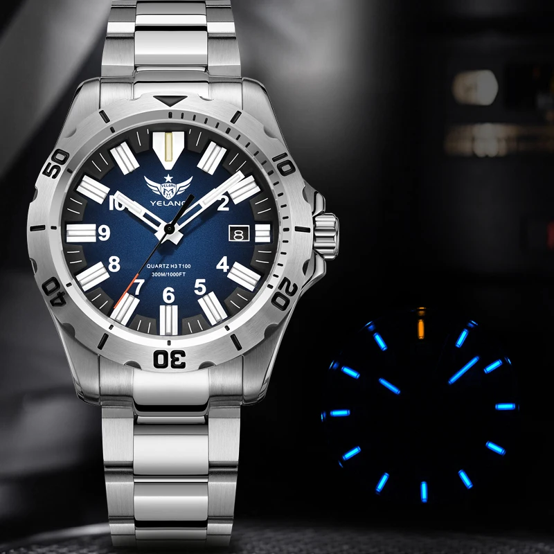 Yelang v1036 42mm relógio de quartzo masculino luminoso 10 anos movimento de lítio mostrador giratório 30atm 300m relógios de estilo militar à prova d'água