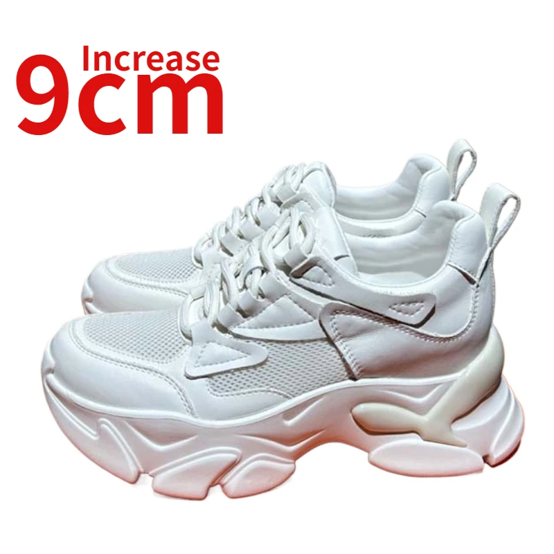 

European/American Dad Shoes for Women Height Increase 9cm Genuine Leather Summer Mesh Breathable Thick Sole White Elevated Shoes