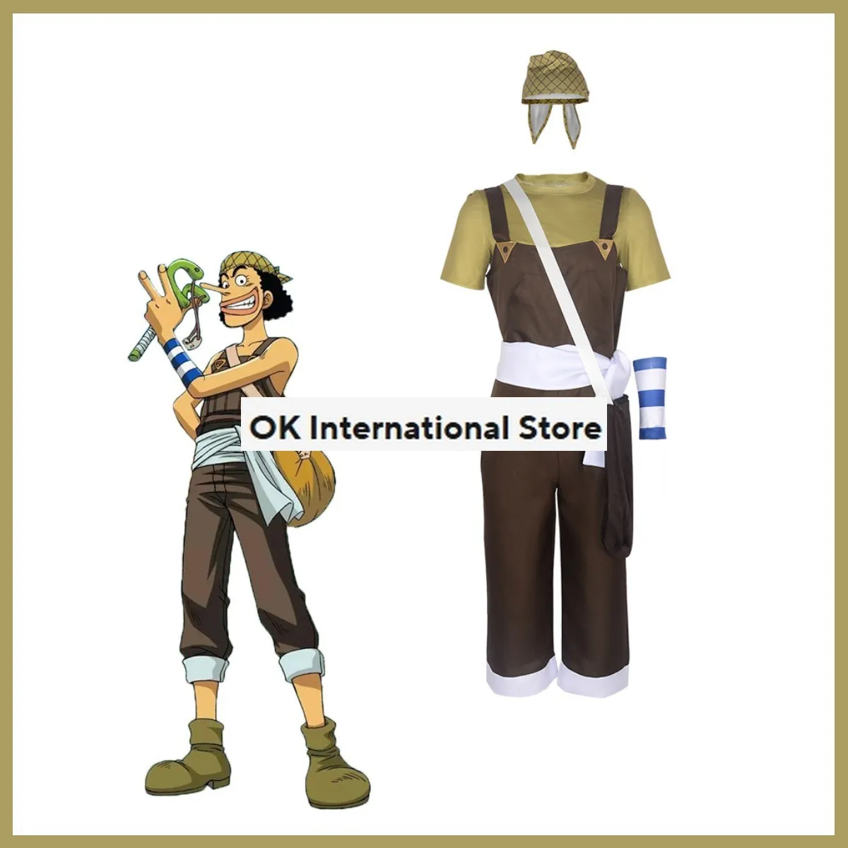 Disfraz de Anime GOD Usopp para hombre adulto, traje de Cosplay con peluca, peleles marrones, uniforme, camiseta, bufanda, conjunto completo, Carnaval y Halloween