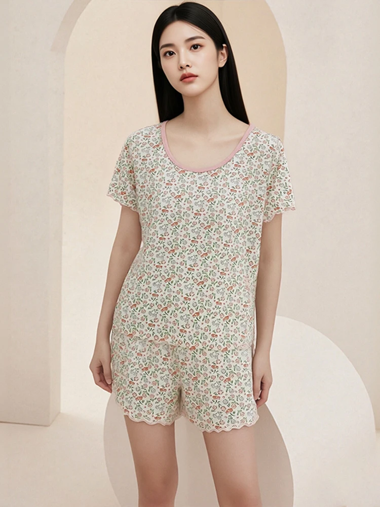 

New Floral Modal Home Clothes Thin Short Sleeve Base Shirt Top Shorts Outdoor Wear Lace Sleepwear Two-Piece Set July Deer Brand