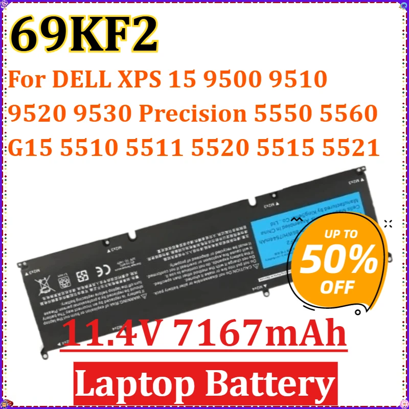 

For DELL XPS 15 9500 9510 9520 9530 Precision 5550 5560 G15 5510 5511 5520 5515 5521 G7 15 7500 P91F P87F Battery 86WH 69KF2