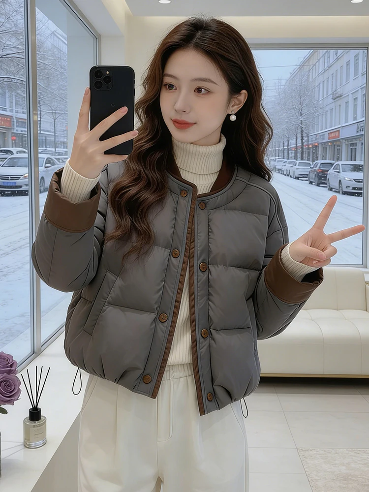 

Thiened Korean Sle Women's Cotton Jaet Warm Lazy Faion Anti-Aging Winter Coat Long Sve round Ne Single Button