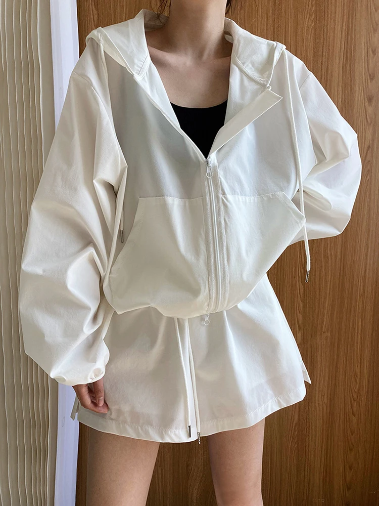 [EAM] Green Big Size Jacket Wide Leg Shorts Two Piece Suit New Hooded Long Sleeve Women Fashion Tide Spring Autumn 2024 1DH6003