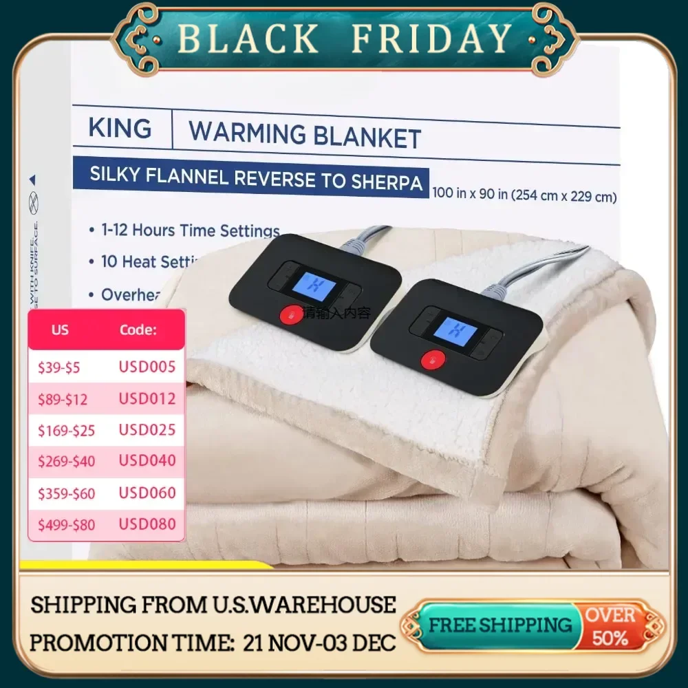 Electric blanket, heated blanket king size, with 10 heat levels and 1 to 12 hour heat time setting, flannel to Sherpa reversible