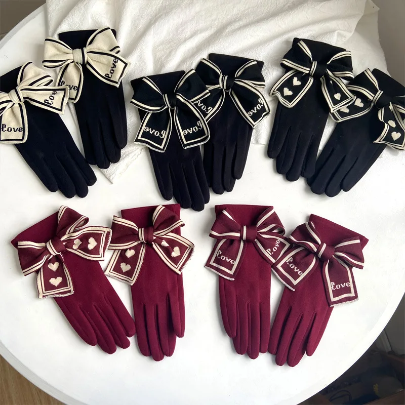 Korean Love Knitted Bow Cold Proof Full Finger Touch Screen Gloves For Women's Winter Plus Velvet Thicken Windproof Driving Warm