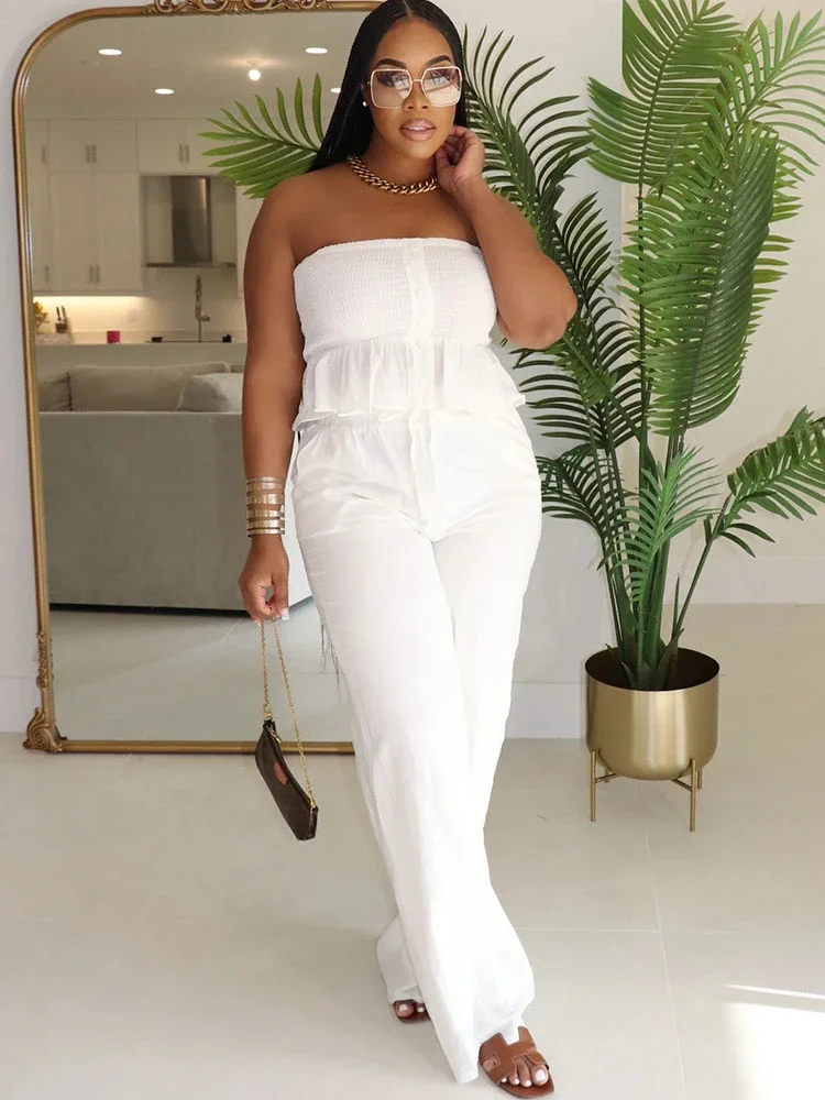 Solid Elegant Wide Leg Pants Set Women 2 Piece Outfit Summer Holiday Ruffles Strapless Tube Top and Loose Pants Matching Sets