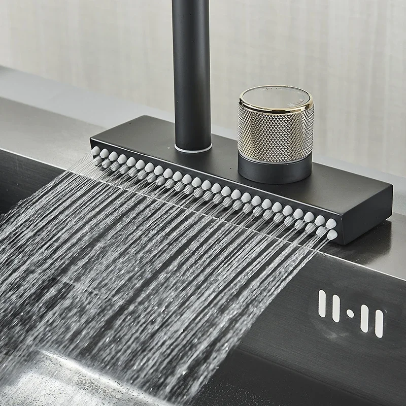 

Kitchen Faucet Daul Control Waterfall Stream Rotatable Spout Deck Mount Cold Hot Water Mixer Washing Sink Crane