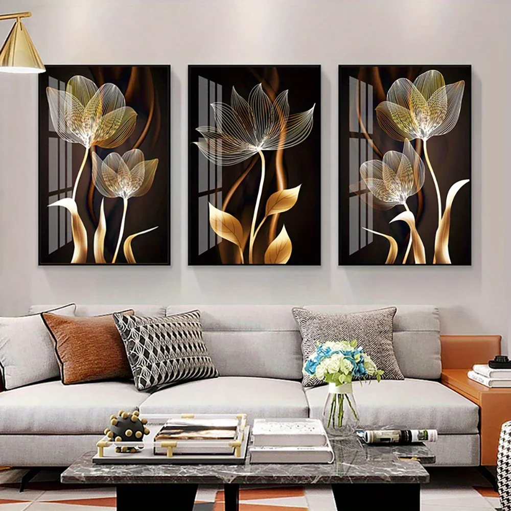 3PCS Black and Golden Flower Wall Art Canvas Painting for Living Room Decor Modern Abstract Posters Home Decor