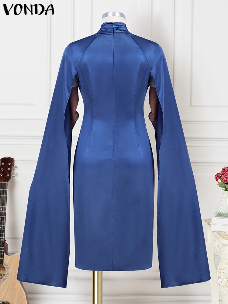 Elegancka biurowa sukienka damska seksowne kobiety obcisła do połowy łydki letnia sukienka na imprezę VONDA 2025 satynowy jedwab Vestidos artystyczna szata ze stójką