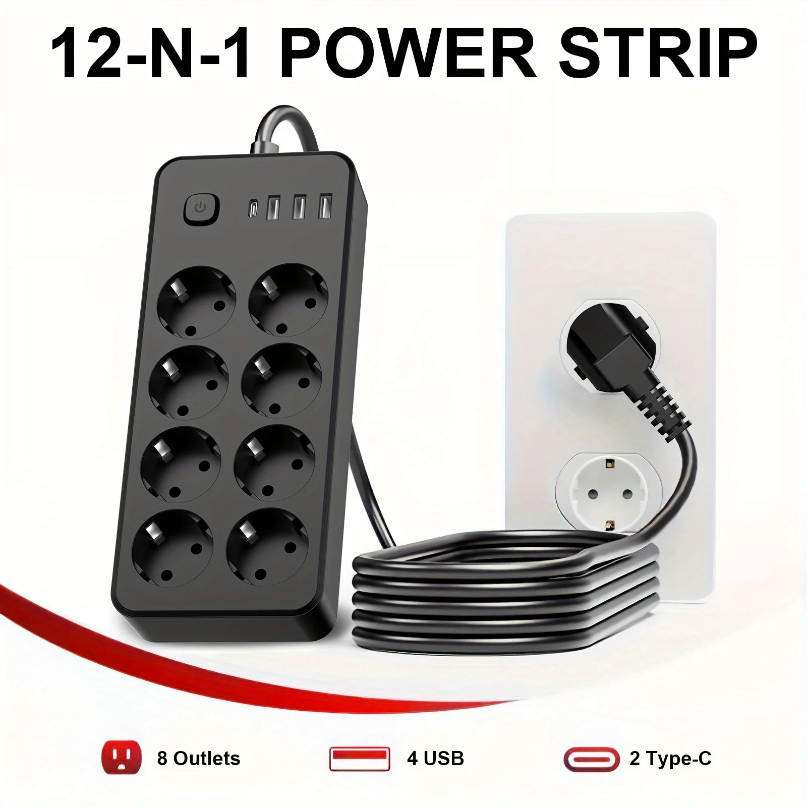 1 black power board and surge protector, 8 AC sockets, 3 USB and 1 TYPE C, suitable for home, office, garage and dormitory