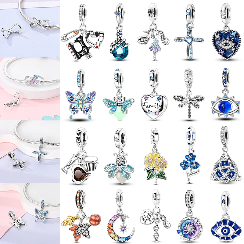 

925 Sterling Silver Dragonfly Dreamcatcher Charms with Blue Devil Eyes Infinity Symbol Flower Design for Pendant Jewelry