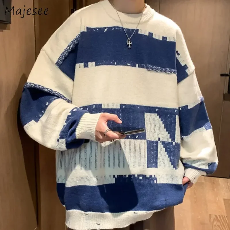 

Patchwork Pullovers Men Sweater Winter Design Streetwear Handsome Vintage Cool Chic Casual Crewneck Baggy Japanese Teens Unisex