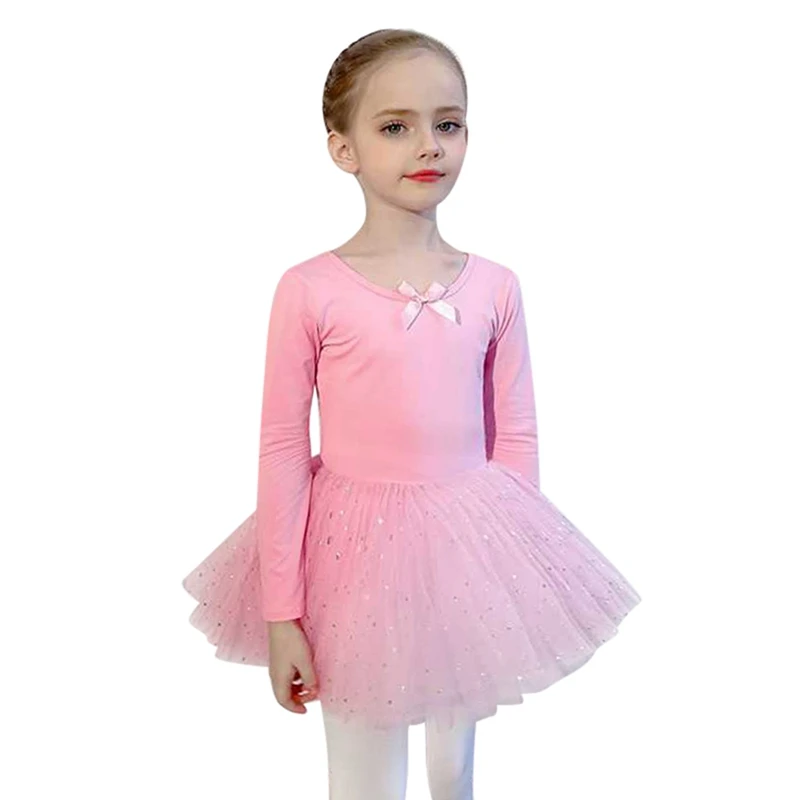 Fall/Spring Kid Long Sleeve Ballet Gymnastics Leotards Suit Elegant Solid Color Round Neck Bow Bodysuit With Mesh Tutu Skirt