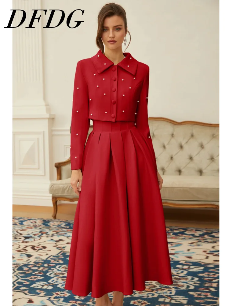 

DFDG женская весенне-летняя блузка с красным жемчугом, плиссированная юбка, комплект с длинными рукавами, формальный комплект 2025, модный женский модный комплект