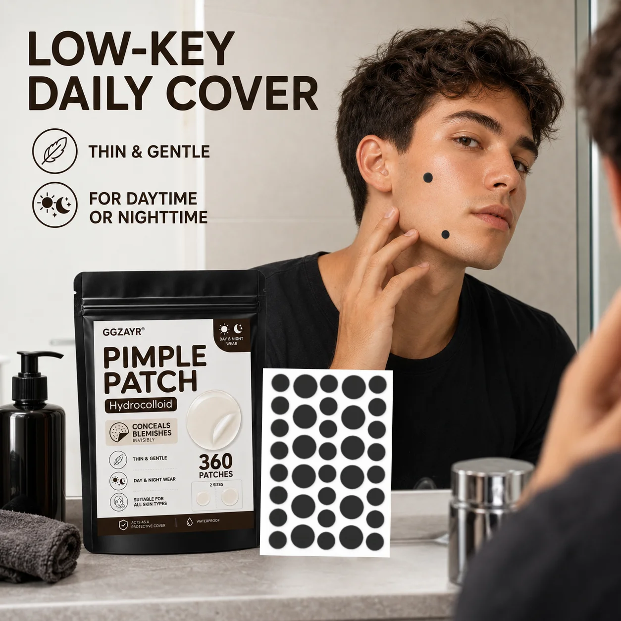 360Pcs Black Round Hydrocolloid Patches, Invisible Blemish Covers for Men, Ultra-Thin Face Stickers, Ready to Use, Gifts for Tee